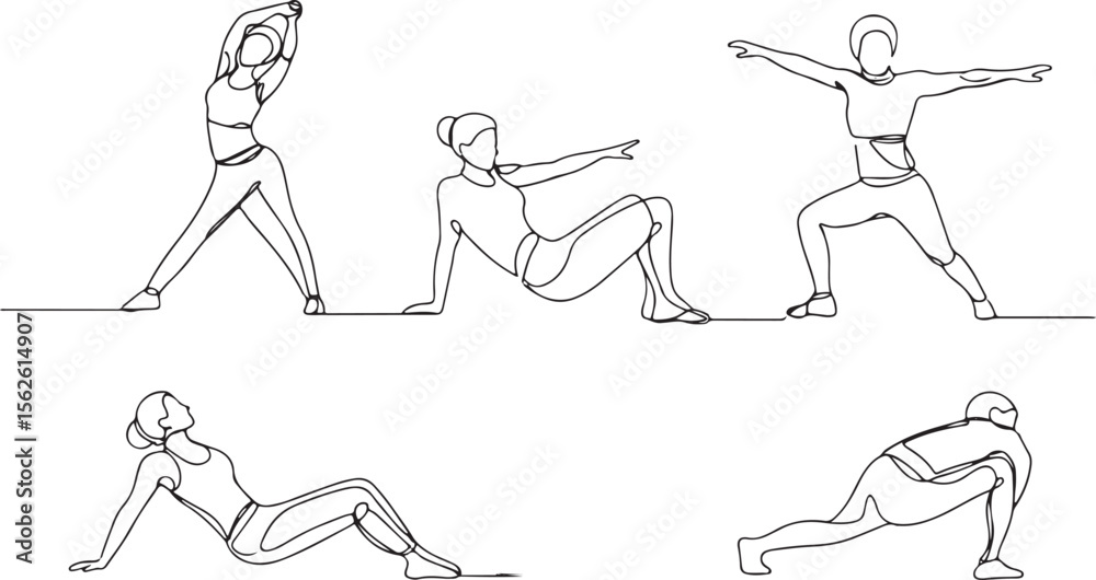 Fototapeta premium Relaxation and Stretching Women One Line Art Set.