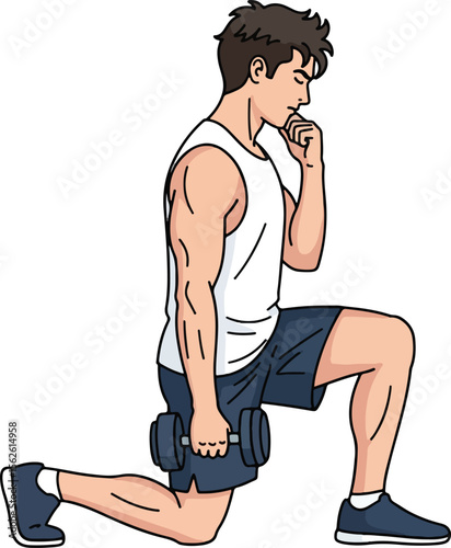 An illustration of a man in a lunge position, holding a dumbbell in one hand, while his other hand is brought to his chin in a thoughtful or focused pose.