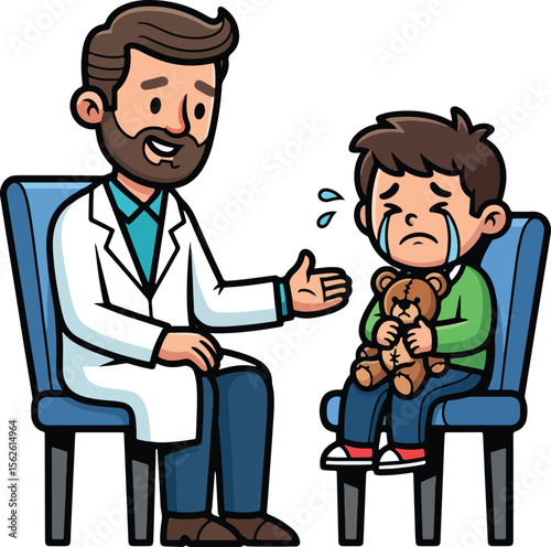 A Reassuring Pediatrician Comforting a Distraught Young Boy Holding a Teddy Bear