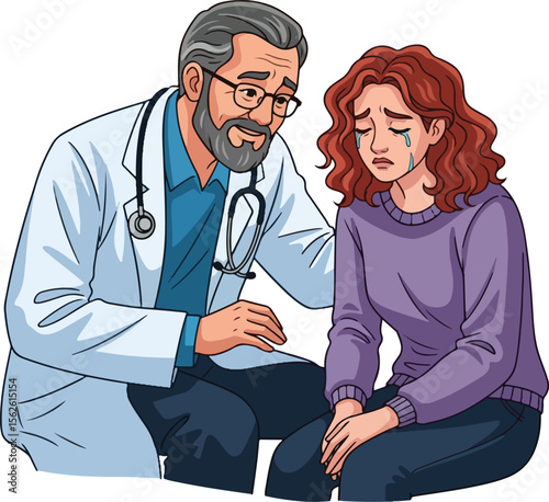 A vector cartoon illustration focusing on a doctor intently listening to a distraught patient