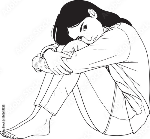 An expressive illustration of a young woman seated with her knees pulled close, looking directly at the viewer with a thoughtful or pensive gaze.