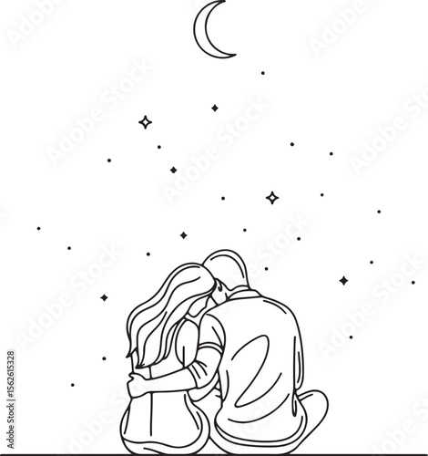 beautiful minimalist line art illustration depicting a couple seated side-by-side, seen from the back, embracing gently while gazing up at a crescent moon and scattered stars.