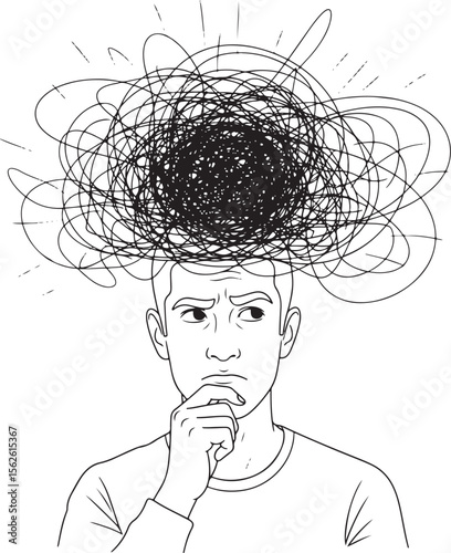 line art illustration depicting a person with a confused or worried expression