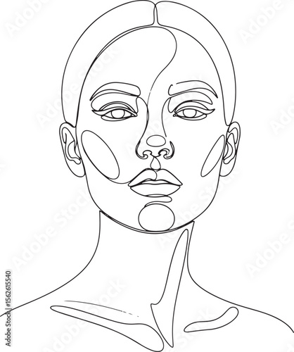 A striking and minimalist continuous line art illustration of a woman's face and upper shoulders