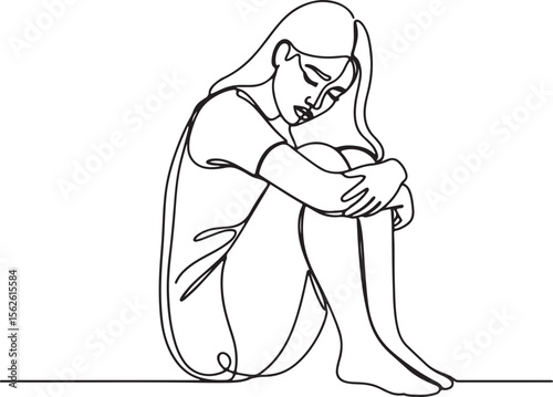 A minimalist single-line illustration of a woman seated with her arms wrapped around her drawn-up knees and her head gently bowed