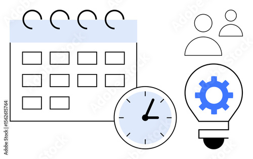 Calendar, clock, light bulb with gear, and user icons suggest concepts of scheduling, time management, teamwork, creative thinking, productivity planning and innovation. Ideal for project planning
