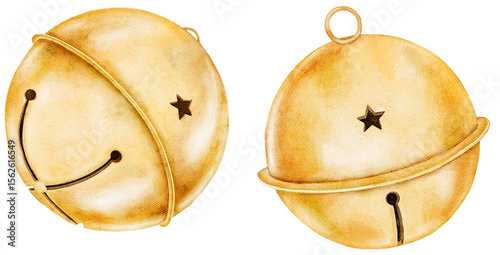 Photos Golden Christmas jingle bells painted in watercolor with star cutouts and fine details