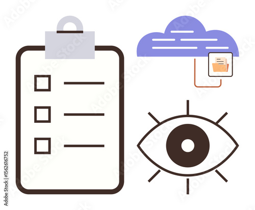 Clipboard with checklist, cloud storage connecting data files, and eye symbol for monitoring. Ideal for productivity, organization, cloud technology, data security, task management, goal tracking