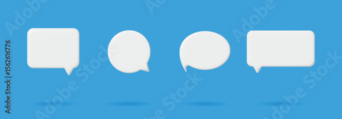 3D Render of White Speech Bubble Icon Collection Isolated on Blue Background for Chat Interface and Message Notification Design