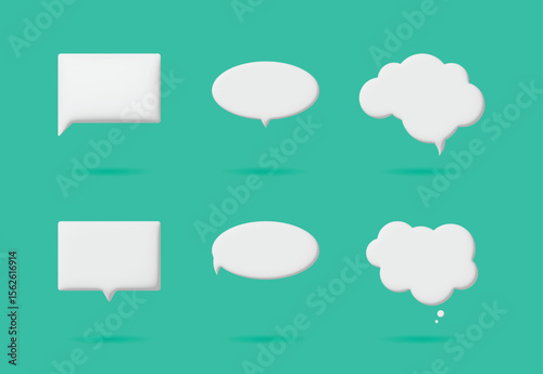 3D Render of Minimal White Speech and Thought Bubble Icons Isolated on Green Background for User Interface Design