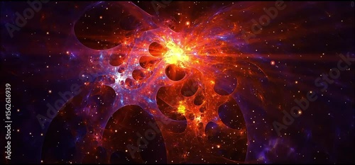 A vibrant abstract image features a swirling burst of orange, red, and purple light resembling a cosmic nebula, with a bright yellow core.
