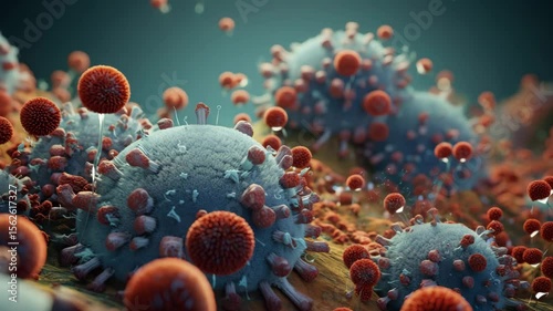 Gen-4 Turbo A 3D render in the field of virology featuring a detailed visualization of the Monkeypox virus, depicted with realistic texture and structure, set against a clean background with ample cop