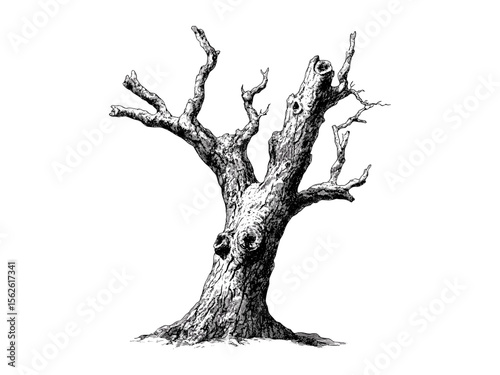 Rowan tree trunk vintage engraving, botanical illustration, rustic tree decor, black sketch art, eco-friendly wall print, woodland theme, retro nature art, rowan bark texture, classic engraving