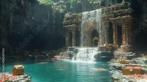 Sunlit waterfall cascades into a tranquil pool before an ancient stone temple nestled within a lush, cavernous jungle