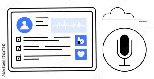 Digital medical record screen with user profile, heart rate graph, medication tracker, and voice assistant icon. Ideal for healthcare, technology, AI, telemedicine, cloud storage data management