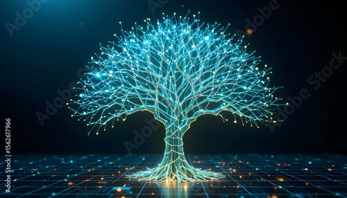 Glowing digital tree on circuit board illustrates technology's roots and growth, perfect for science and technology themes.