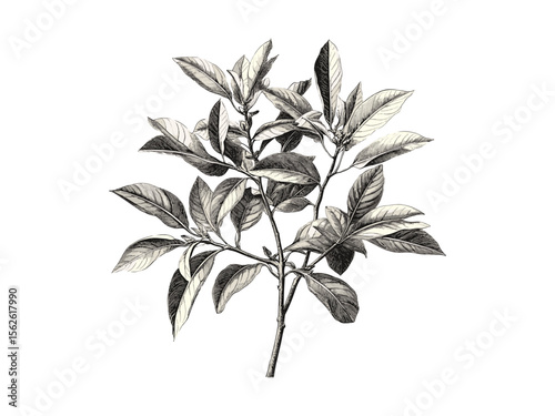 Vintage hand-drawn sassafras tree engraving, botanical sketch, rustic woodland design, eco-friendly art, sassafras leaves, black old engraving style, retro nature decor, natural illustration