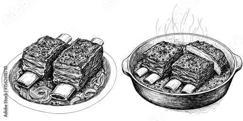 Braised Short Ribs. Tender meat served on plate and in skillet, black and white sketch style, food icons, comfort food, culinary blogs, restaurant plating