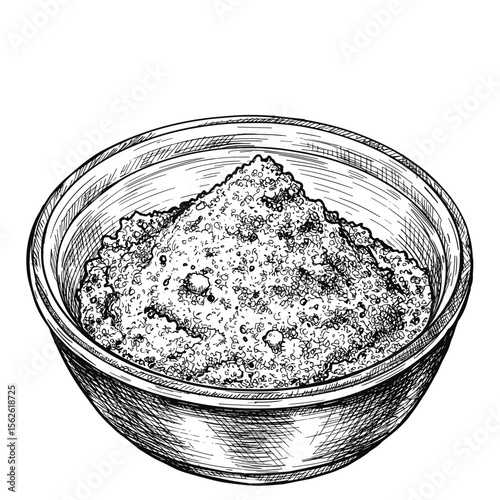 Harissa Spice Bowl. Rustic bowl with spicy paste, black and white sketch style, cooking ingredients, seasoning, culinary blogs, North African cuisine