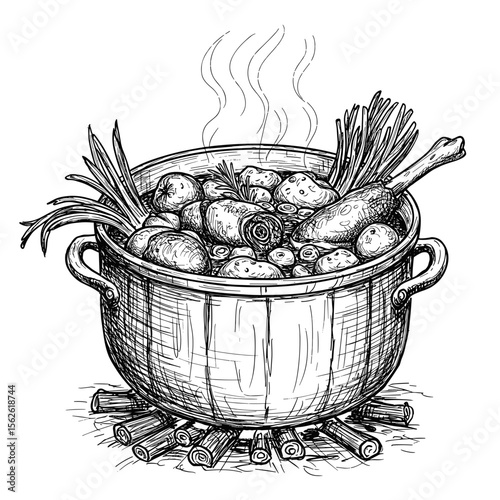 Hunter's stew cooking in a pot with vegetables on firewood  
