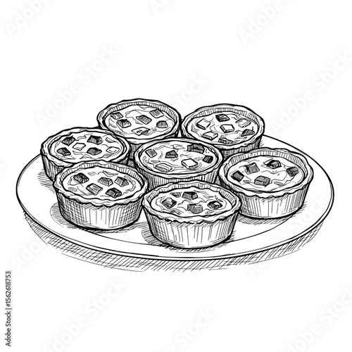 Mini Quiches Plate. Assortment of small savory pies, black and white sketch style, food icons, brunch dishes, culinary blogs, catering appetizers