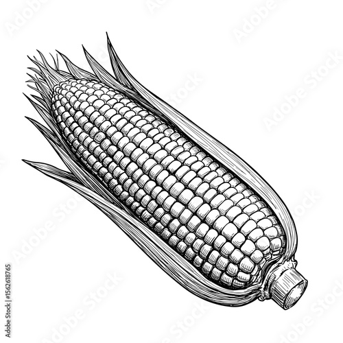 Elote (Mexican Corn) Sketch. Grilled corn on the cob with toppings, black and white hand-drawn illustration on transparent background, street food, culinary blogs, summer recipes