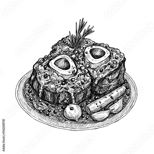 Osso Buco Dish Illustration. Braised veal shank with vegetables and herbs, black and white sketch style, food icons, Italian cuisine, culinary blogs, gourmet dining