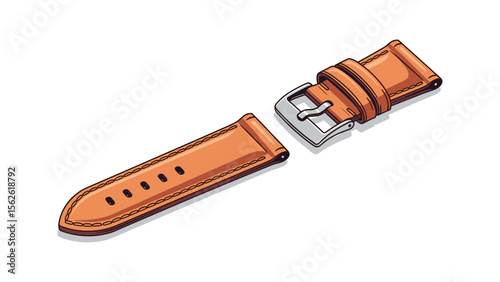 High-Quality Illustration of a Tan Leather Watch Strap with Silver Buckle on White Background