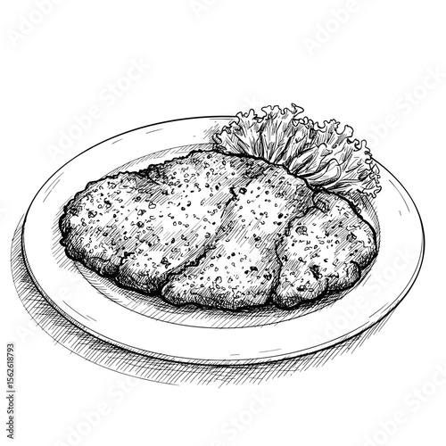 Schnitzel Plate Illustration. Breaded cutlet with lettuce garnish, black and white sketch style, food icons, classic dish, restaurant menu, Austrian cuisine