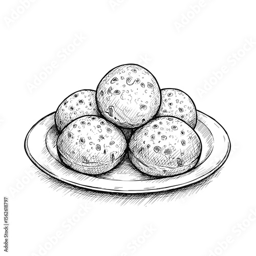 Pão de Queijo Illustration. Plate of Brazilian cheese bread balls, black and white sketch style, food icons, bakery items, culinary blogs, breakfast treats