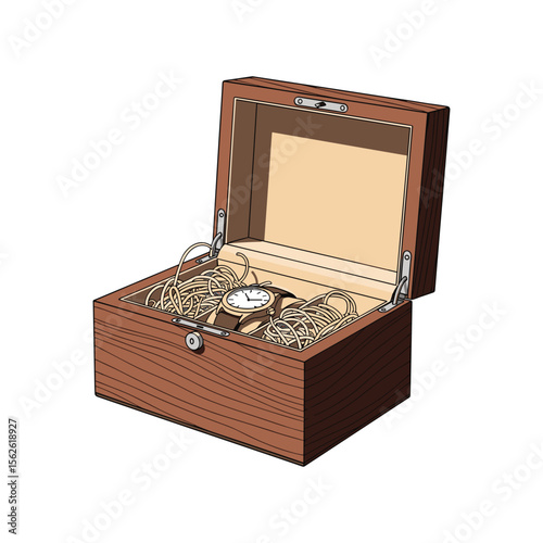 Elegant Wristwatch Displayed in Classic Wooden Box Illustration for Luxurious Gift Concepts
