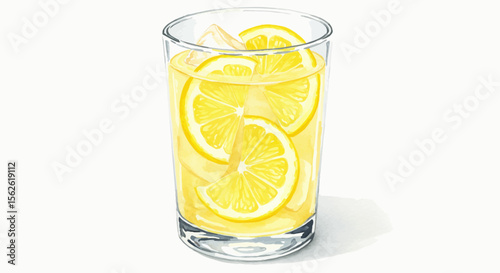 Refreshing watercolor lemonade with lemon slices and ice cubes in a clear glass