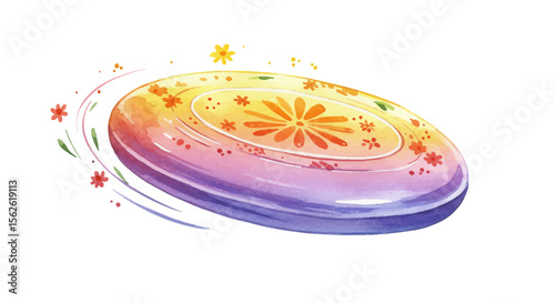 Watercolor Frisbee with Floral Design, Gradient Colors, and Motion Trails on White Background