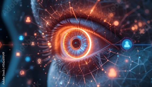 A futuristic eye glows amidst a network, representing artificial intelligence and advanced data connectivity in a modern concept.