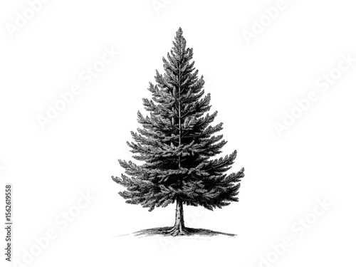 Spruce tree vintage engraving, botanical hand sketch, evergreen branches, nature print, retro woodland art, eco-friendly tree illustration, black ink drawing, old engraving style, rustic forest decor