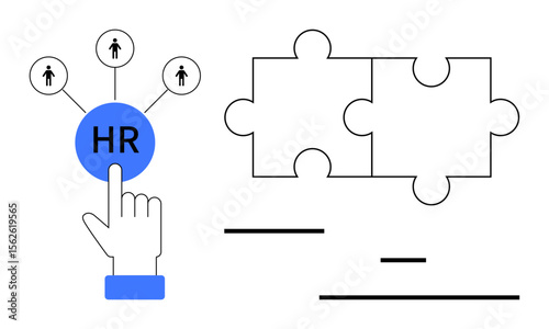 Hand selecting HR button linked to people icons with adjacent puzzle pieces. Ideal for teamwork, collaboration, human resource, recruitment, problem-solving, strategy, simple landing page