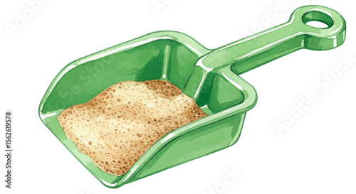 Watercolor Illustration of a Green Plastic Sand Shovel Filled with Sand