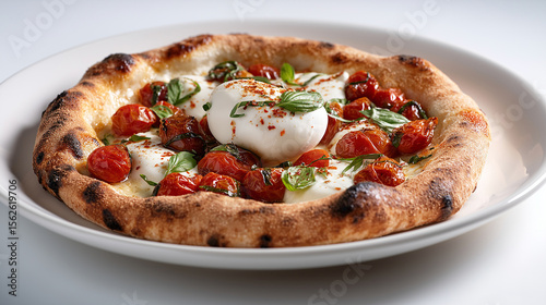 Rustic wood-fired pizza with blistered crust, burrata cheese, roasted tomatoes, and basil, ideal for artisanal pizza menus or gourmet ads