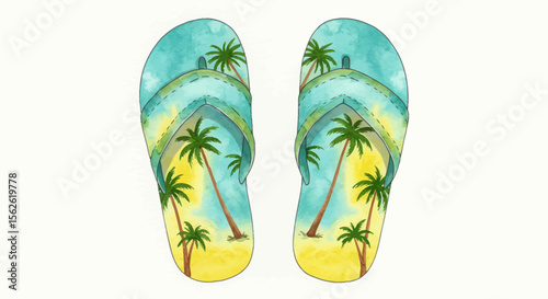 Watercolor Flip-Flops with Tropical Palm Tree Beach Scene on White Background