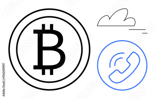 Large Bitcoin logo, blue phone call icon, and minimal cloud lines. Ideal for fintech, communication, online payment, cryptocurrency, mobile apps, tech services simple landing page