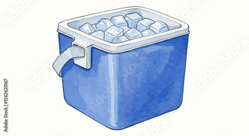 Watercolor Illustration of a Blue Cooler Filled with Ice Cubes, Summer Refreshment.