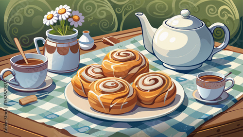 A farmhouse table displays cinnamon rolls glazed with icing, next to a teapot and delicate china, while a linen runner adds an extra layer of rustic softness.