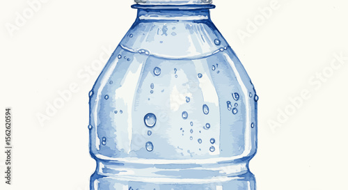 Watercolor illustration of a clear plastic water bottle with condensation drops