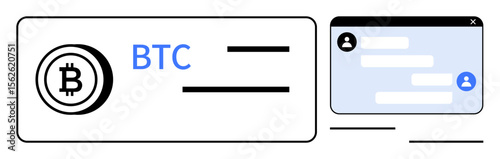 Bitcoin symbol paired with a transaction interface and messaging window with user icons. Ideal for fintech, cryptocurrency, blockchain, messaging, virtual wallets, digital payments, simple landing