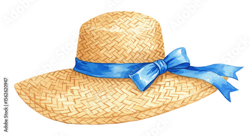 Watercolor Illustration of a Light Beige Straw Hat with a Blue Ribbon