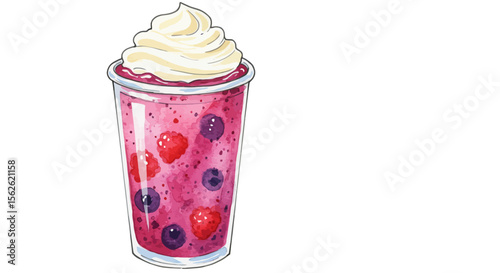Watercolor Illustration of a Refreshing Berry Smoothie with Whipped Cream