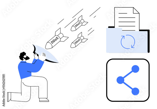 Man blocking DDoS marked missiles with shield, folder with data synchronization icon, sharing node diagram. Ideal for cybersecurity, data protection, internet safety, threat mitigation, IT
