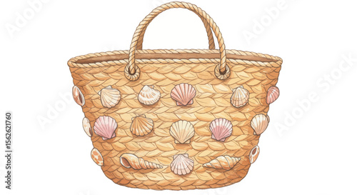 Watercolor Illustration of a Woven Beach Bag Adorned with Seashells