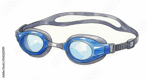 Watercolor swimming goggles with blue frames and grey strap on white background