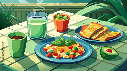 A clean marble table holds tofu scramble with bell peppers and spinach, served with a green smoothie, in a vegan and tranquil breakfast setting with muted tones and soft lighting.